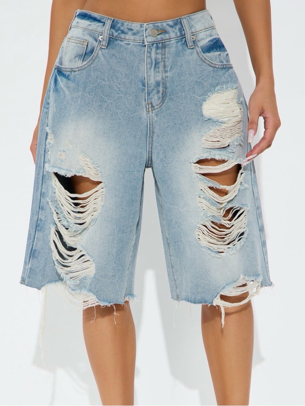 High-Rise Distressed Denim Bermuda Shorts - Light Blue